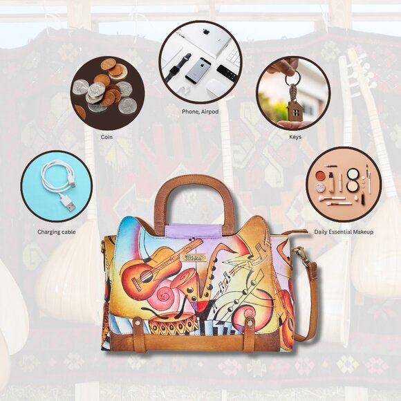 Brown Hand Painted Leather satchel bag, Crossbody Sling Bag, Top Handle Handbag - Picture 3 of 9